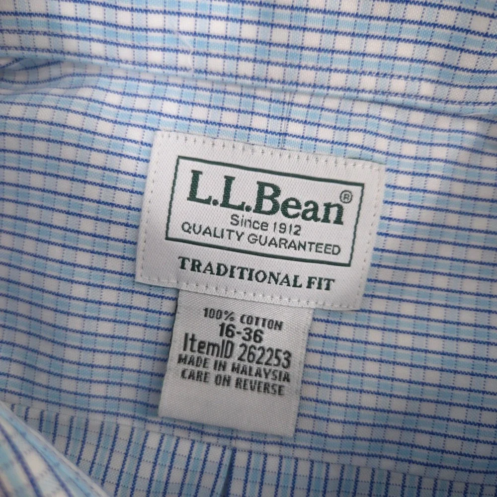 LL Bean Oxford Dress Shirt Mens 16-36 Blue White Tattersail Check Wrinkle-Free